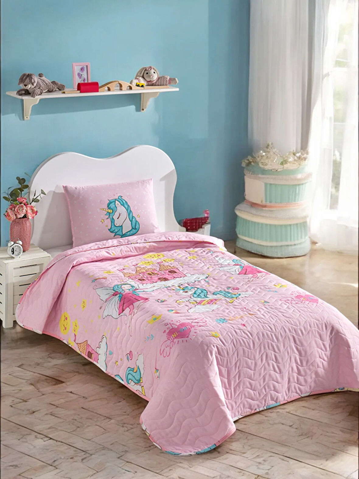 Kapitone Yatak Örtüsü Seti Tek Kişilik Mystic Unicorn Pembe