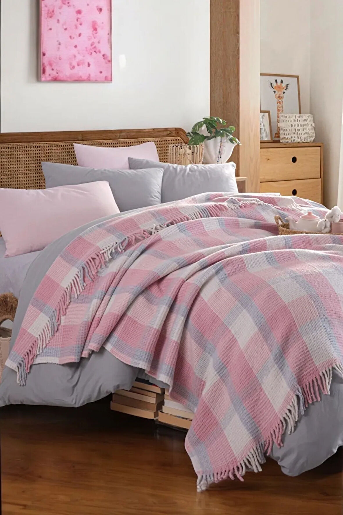 Battaniye Pamuklu Çift Kişilik Nordic Cozy Pudra