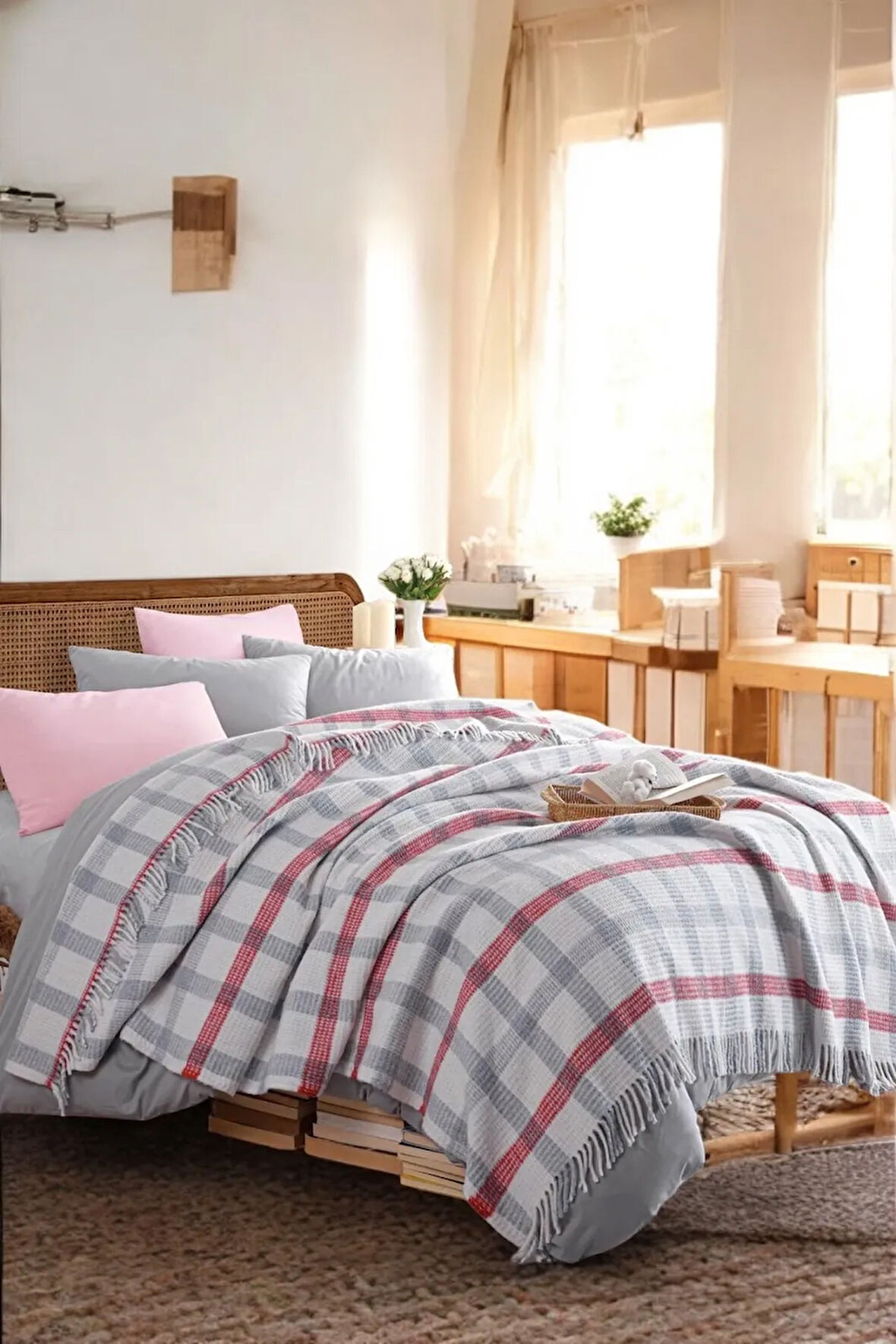 Battaniye Pamuklu Çift Kişilik Nordic Cozy Gri-Kırmızı