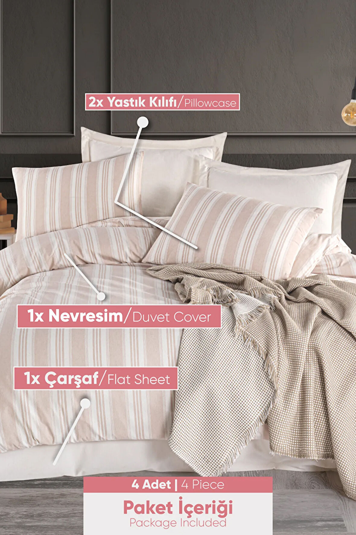 Modern Stripe Nevresim Takımı Çift Kişilik GentleTouch Bej