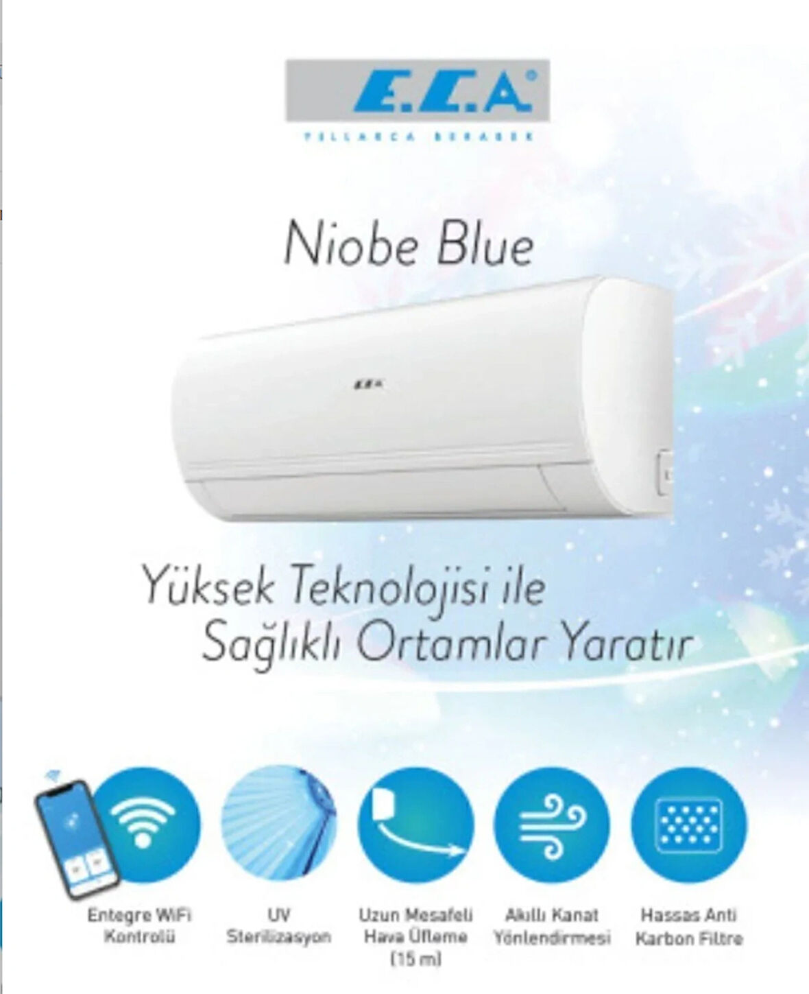 Eca Niobe Blue 12.000 BTU Inverter Duvar Tipi Split Klima R32 Wi-Fi + UV A++