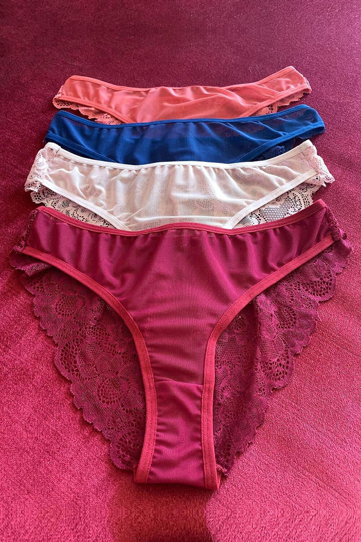 Alsanalsa Pudra-Bordo-Mercan-Lacivert 4'lü Paket Önü Fileli Kadın Külot