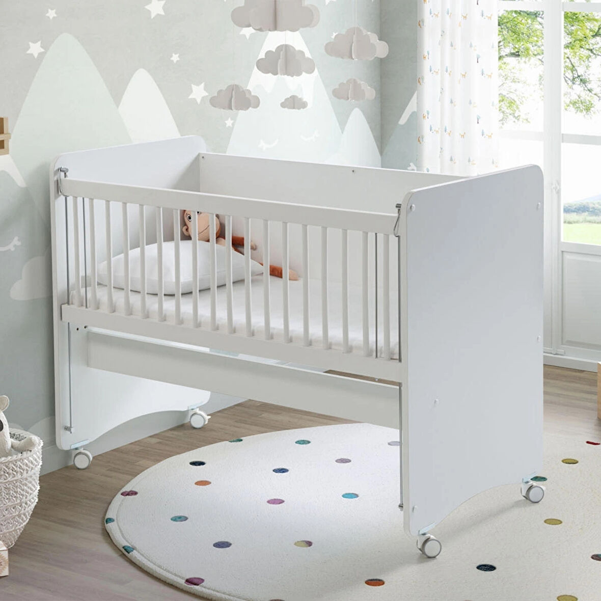 Babywhen BW1060 - Pratik Tekerlekli Anne Yanı Beşik Beyaz 60 X 120