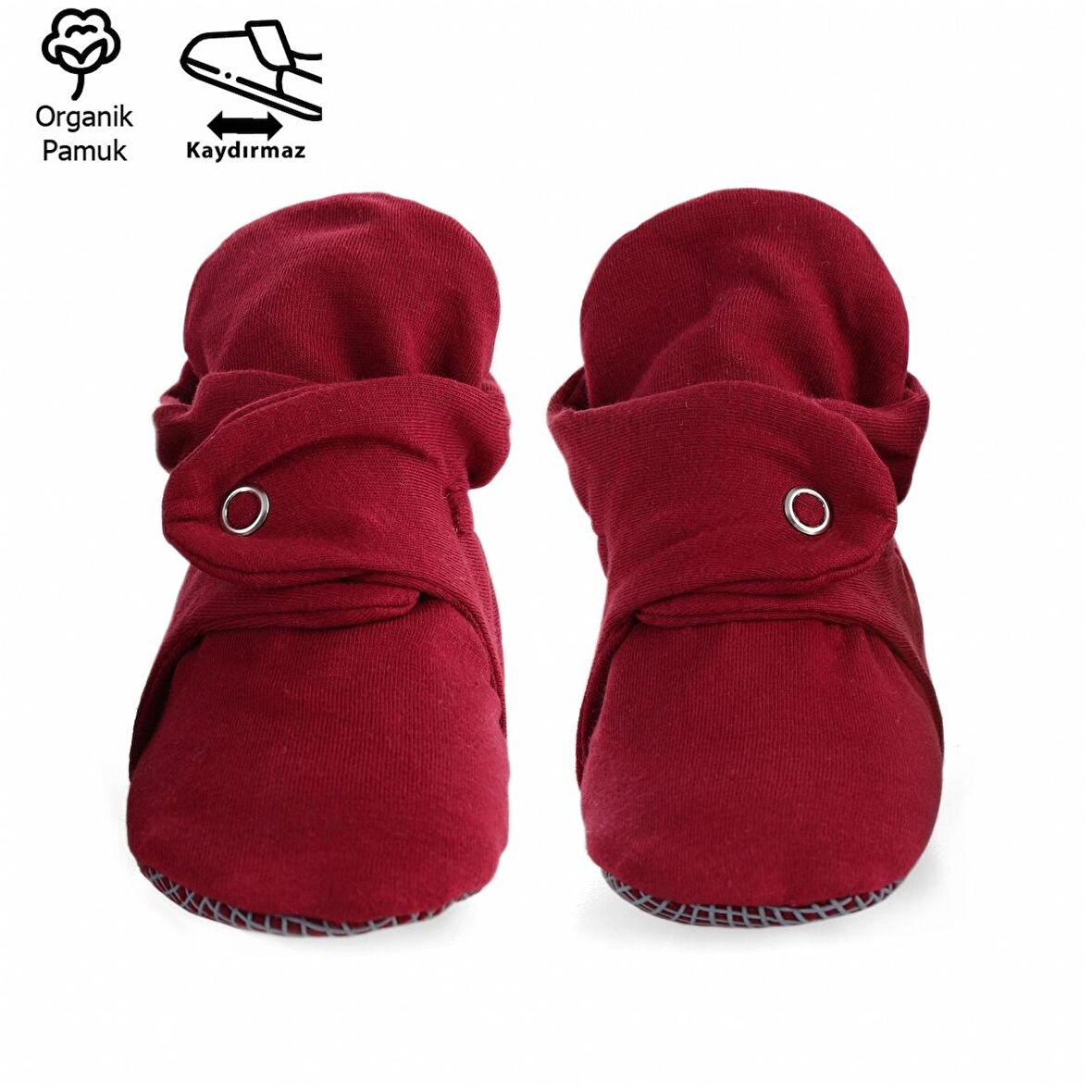 Organik Pamuk Bebek Patiği, Kaydırmaz Taban, Pamuklu Yenidoğan Pandufu Ev Kreş Ayakkabısı, Bordo