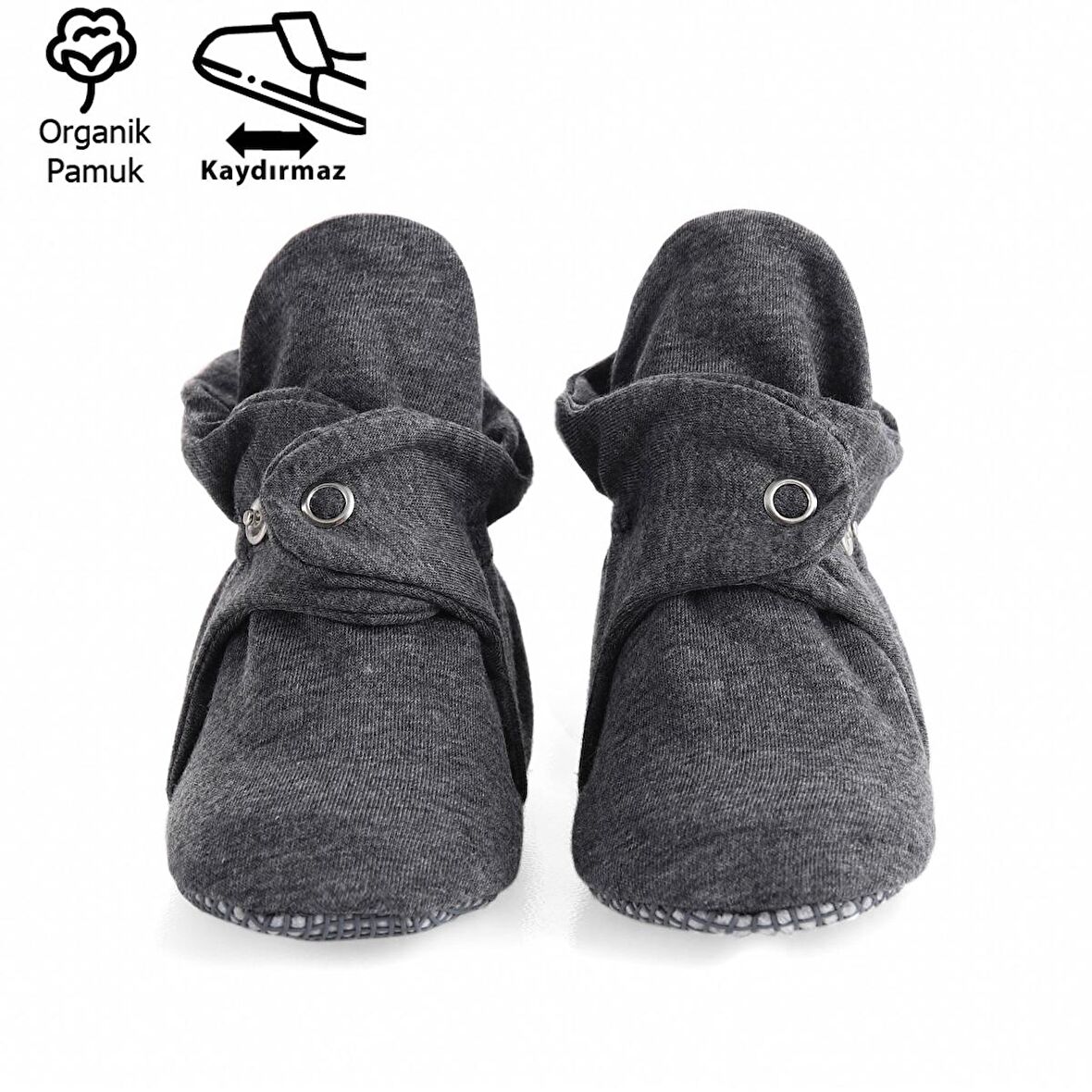 Organik Pamuk Bebek Patiği, Kaydırmaz Taban, Pamuklu Yenidoğan Pandufu Ev Kreş Ayakkabısı, Koyu Gri