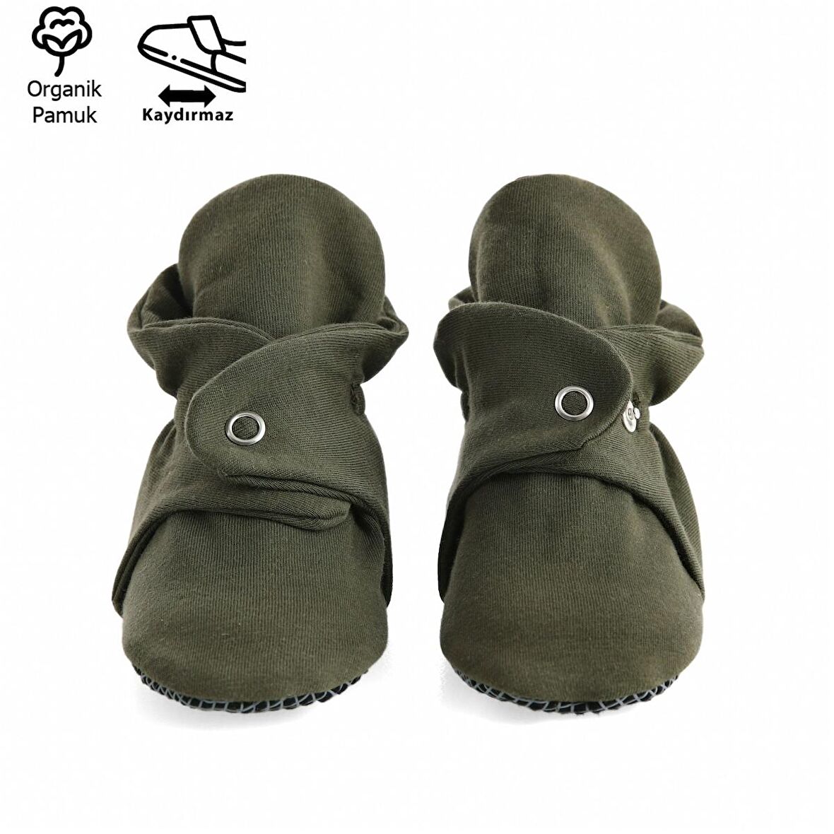 Organik Pamuk Bebek Patiği, Kaydırmaz Taban, Pamuklu Yenidoğan Pandufu Ev Kreş Ayakkabısı, Haki