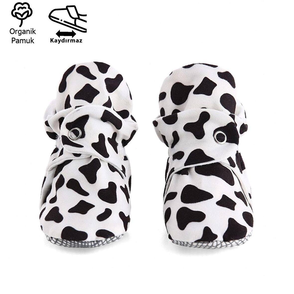 Organik Pamuk Bebek Patiği, Kaydırmaz Taban, Pamuklu Yenidoğan Pandufu Ev Kreş Ayakkabısı, İnek Deseni