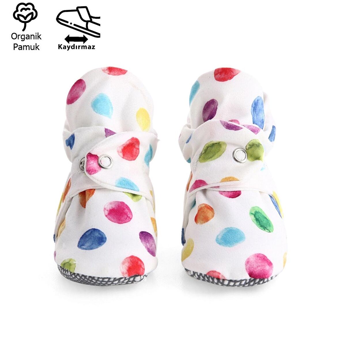 Organik Pamuk Bebek Patiği, Kaydırmaz Taban, Pamuklu Yenidoğan Pandufu Ev Kreş Ayakkabısı, Renkli Noktalar