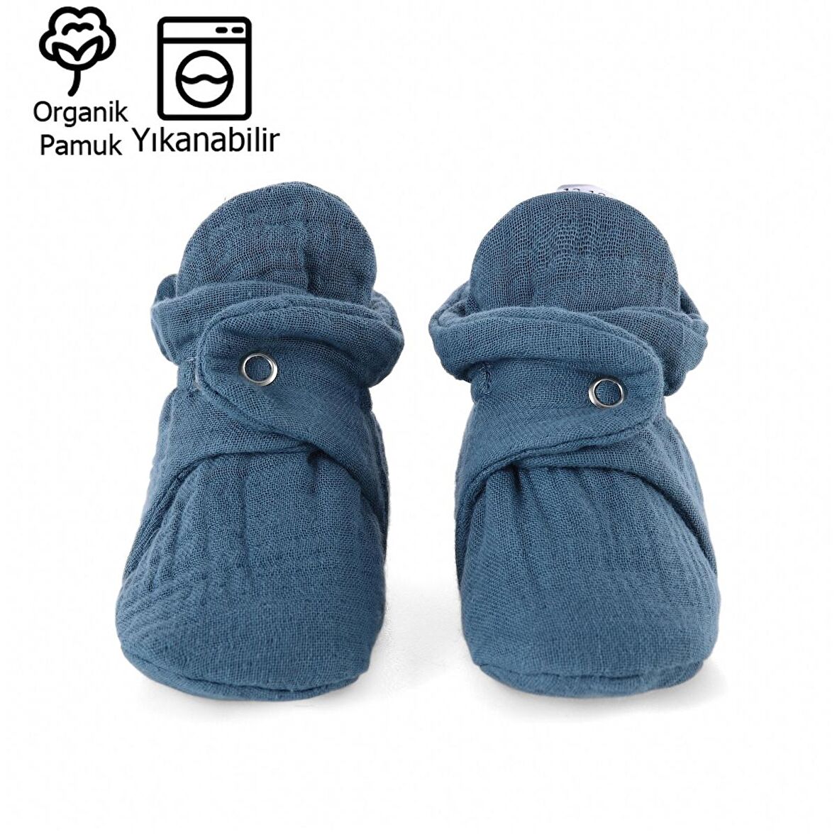 İndigo Mavi Organik Pamuk Müslin Yenidoğan Bebek Panduf