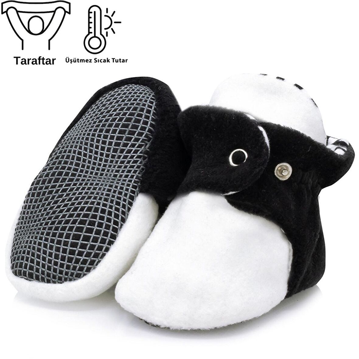 Kaydırmaz Taban, Polar Bebek Pandufu, İlkadım Ev Patiği, Terletmeyen Organik Pamuk Astarlı, Siyah Beyaz  Taraftar