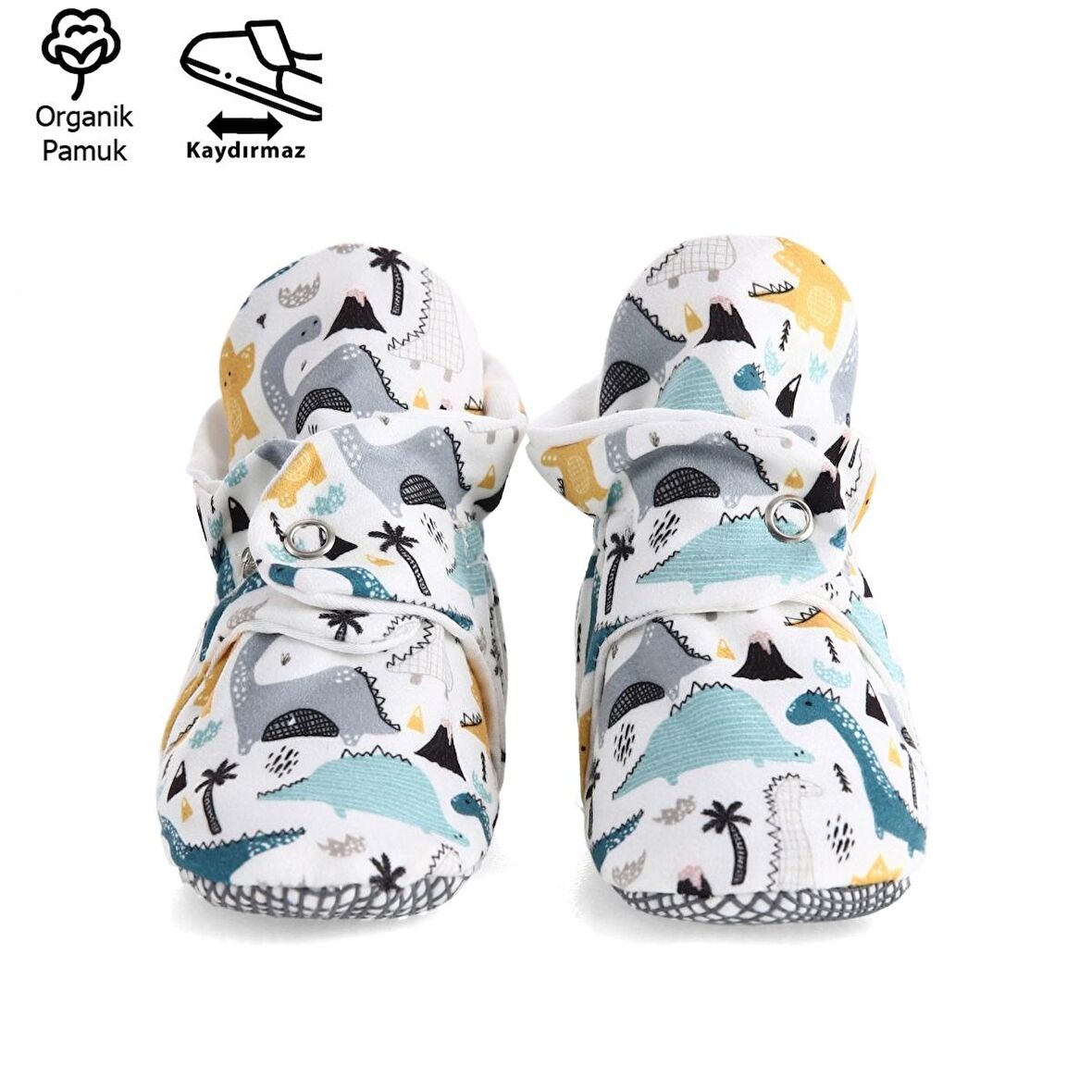 Organik Pamuk Bebek Patiği, Kaydırmaz Taban, Pamuklu Yenidoğan Pandufu Ev Kreş Ayakkabısı, Dinozor