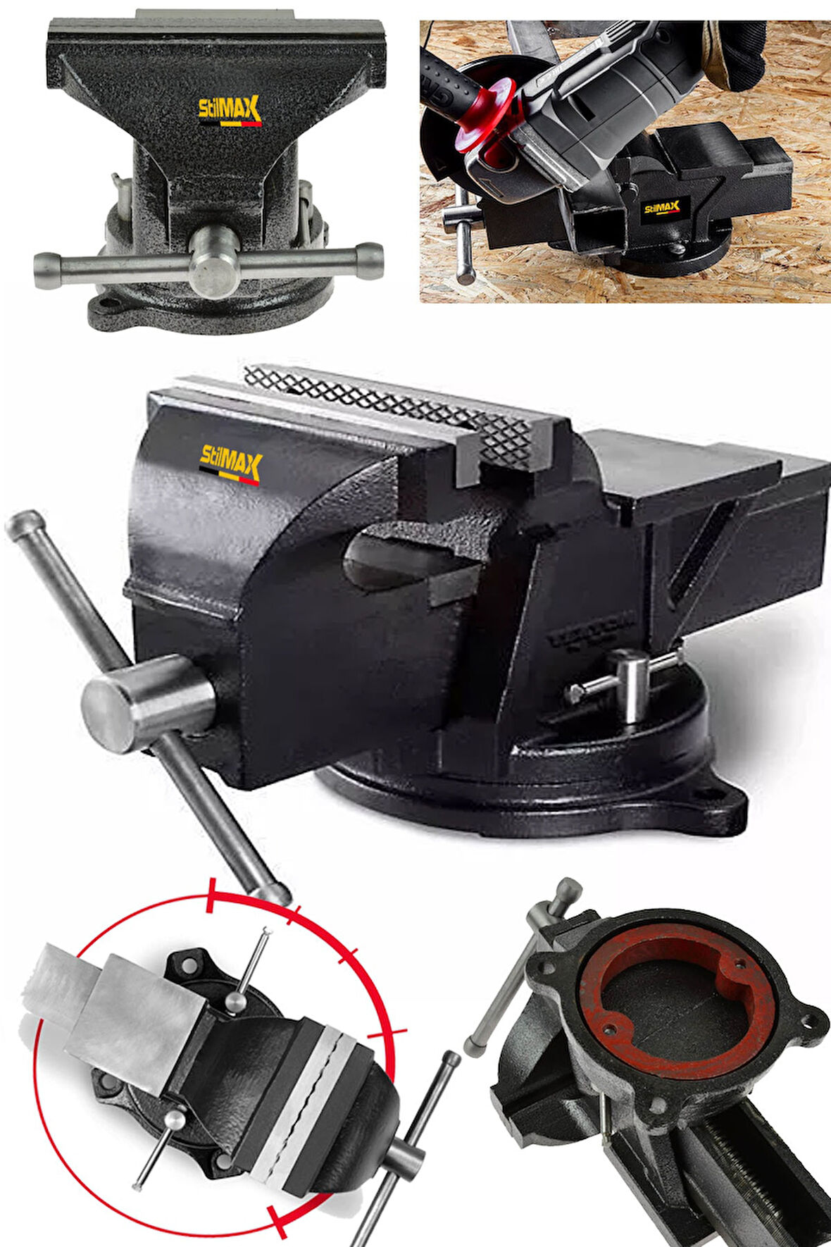 Germany 150mm 6" 360 Dönerli Taban Özel Alaşım Paslanmaz Çelik Sabit Tezgah Masa Mengenesi Örslü