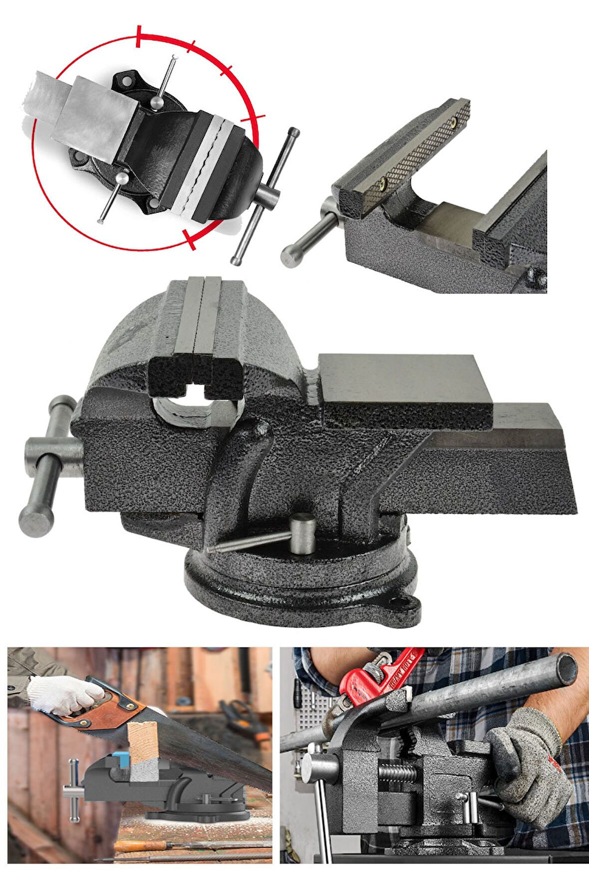 Premium 100mm 4" 360 Dönerli Taban Özel Alaşım Paslanmaz Çelik Sabit Tezgah Masa Mengenesi Örslü