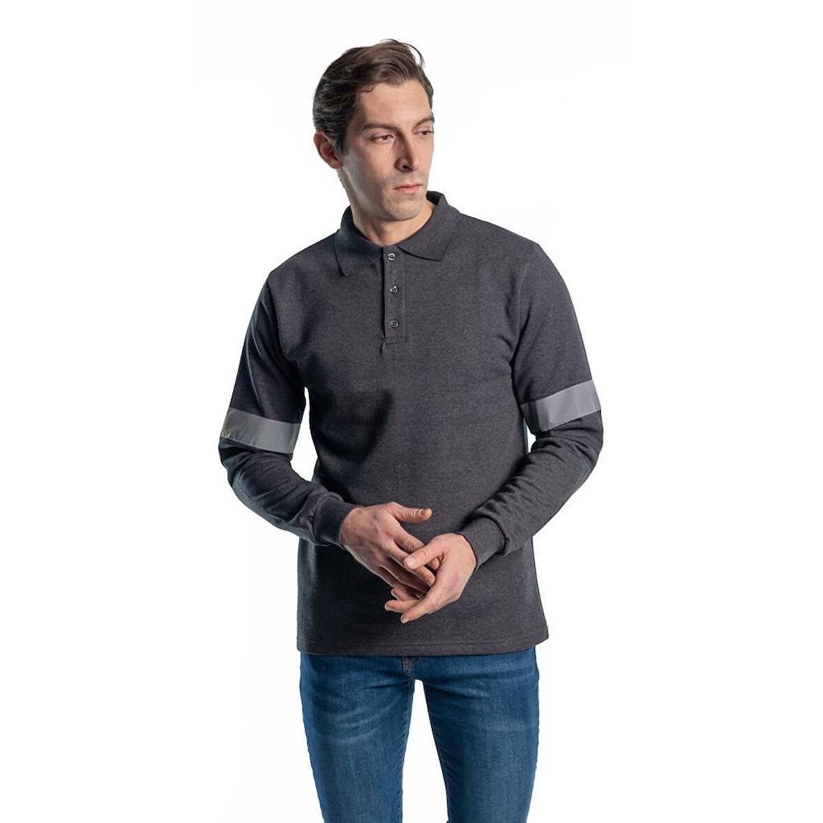 Şensel, Reflektörlü Sweatshirt, Koyu Gri, Polo Yaka -107E5632-