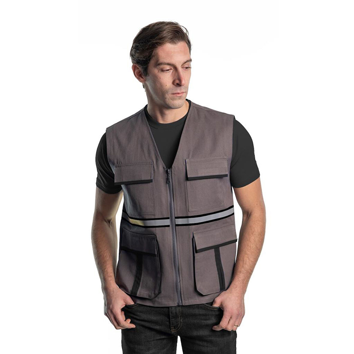 Şensel, Reflektörlü Yelek, Gri-Siyah -118E3637- İş Yeleği-Vest