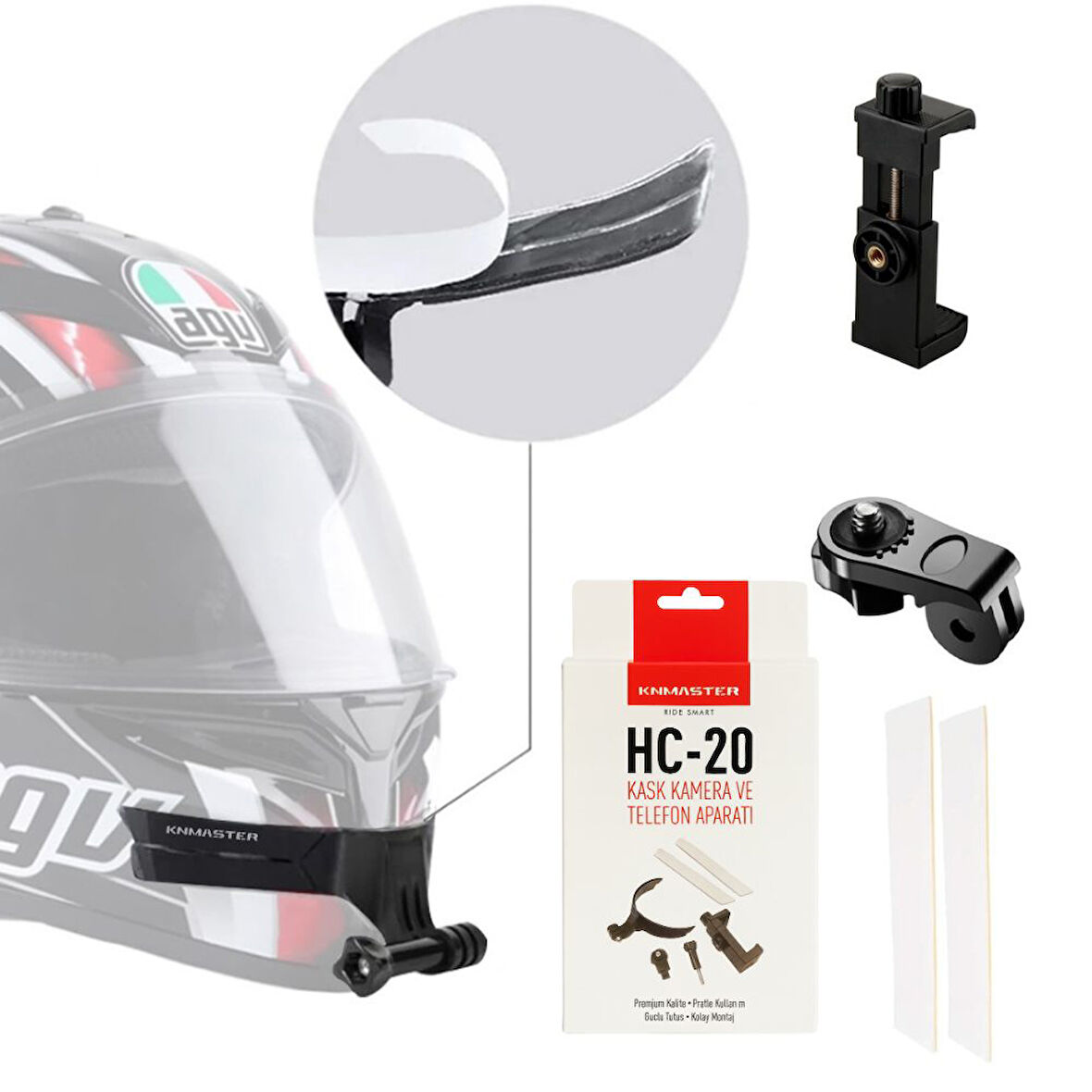 Knmaster HC-20 Motosiklet Kask Çene Yapıştırıcılı Telefon Ve Aksiyon Kamera Tutucu Full Set
