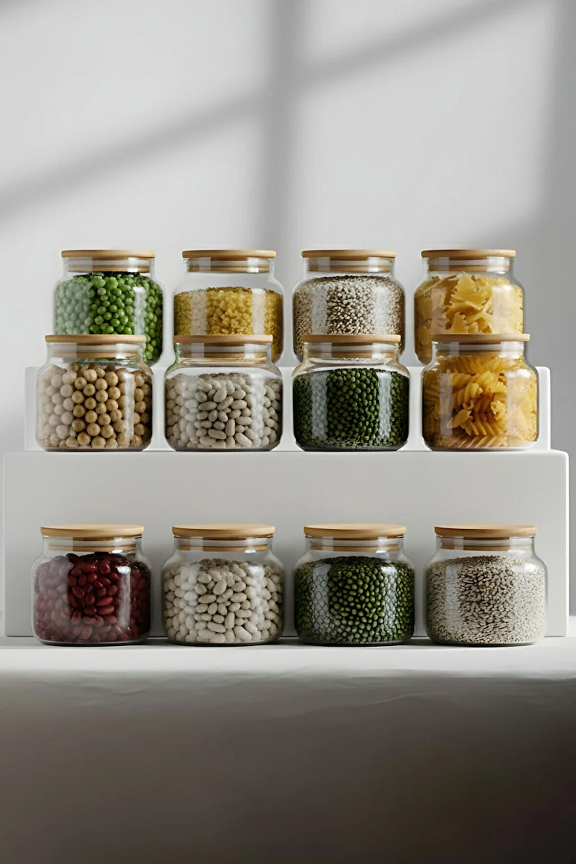 Basic Bambu Kapaklı 12'li Cam Kavanoz Seti 350 cc