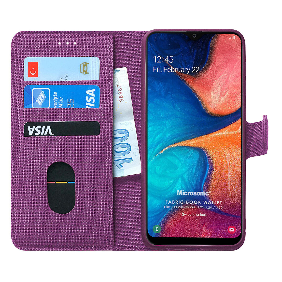 Microsonic Samsung Galaxy A20 Kılıf Fabric Book Wallet Mor
