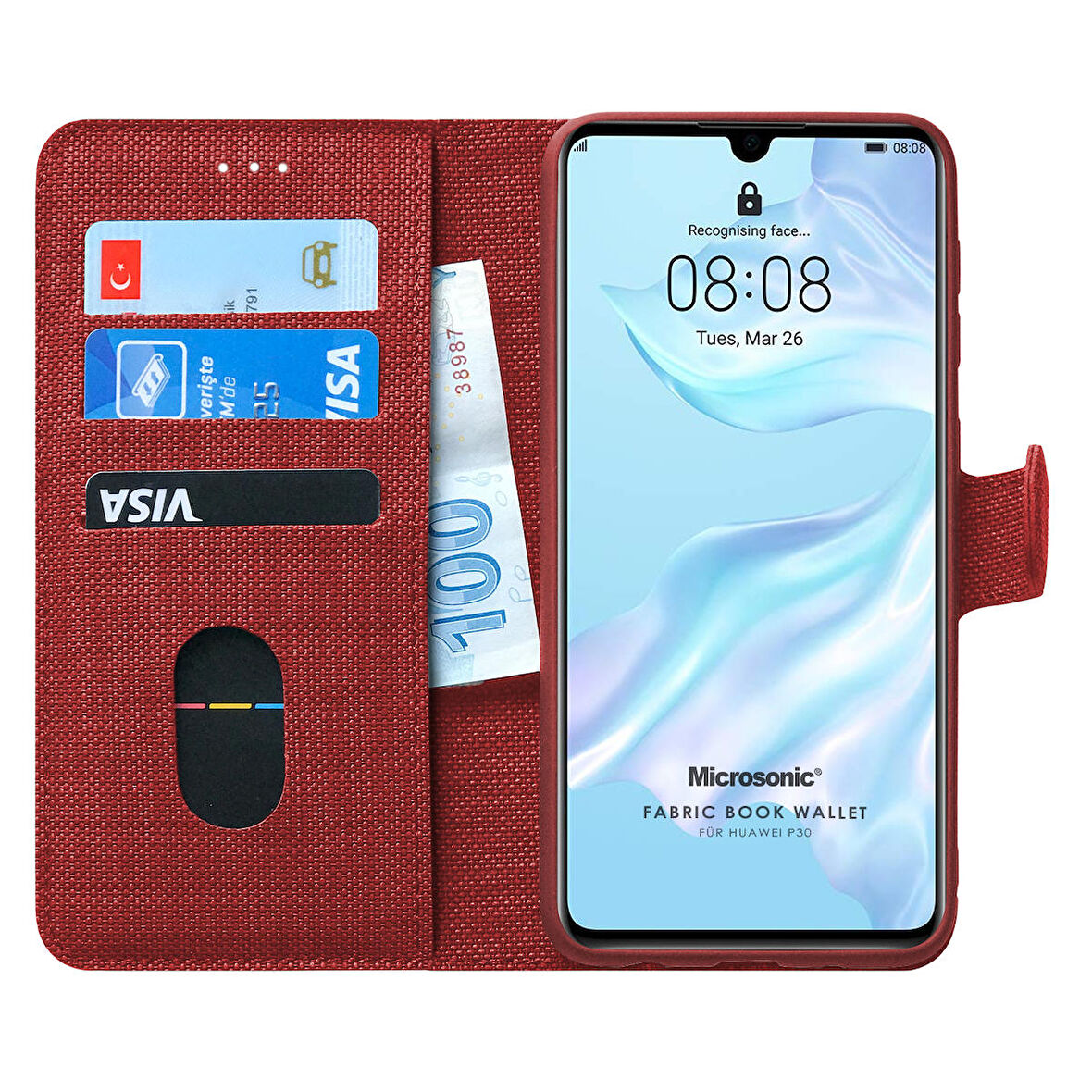 Microsonic Huawei P30 Kılıf Fabric Book Wallet Kırmızı