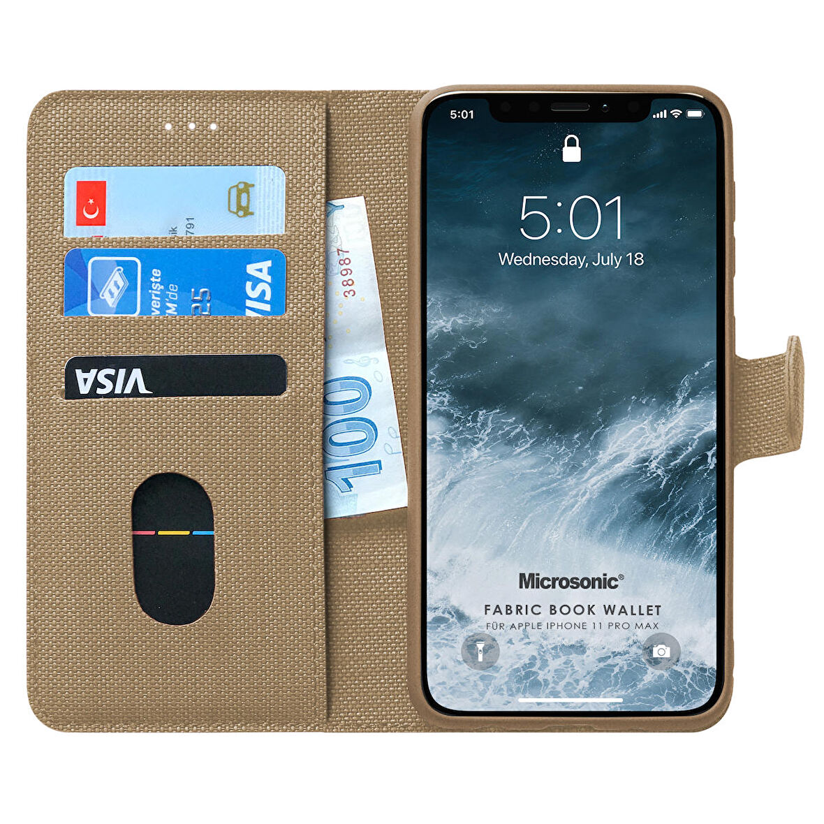 Microsonic Apple iPhone 11 Pro Max (6.5'') Kılıf Fabric Book Wallet Gold
