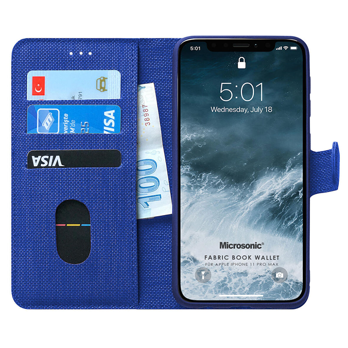 Microsonic Apple iPhone 11 Pro Max (6.5'') Kılıf Fabric Book Wallet Lacivert