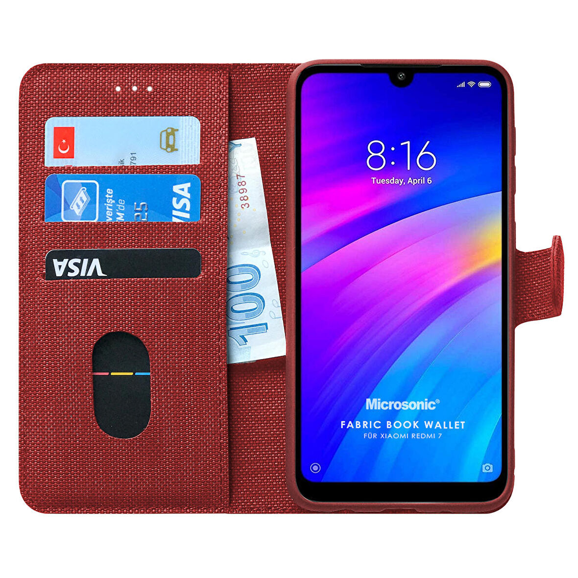 Microsonic Xiaomi Redmi 7 Kılıf Fabric Book Wallet Kırmızı