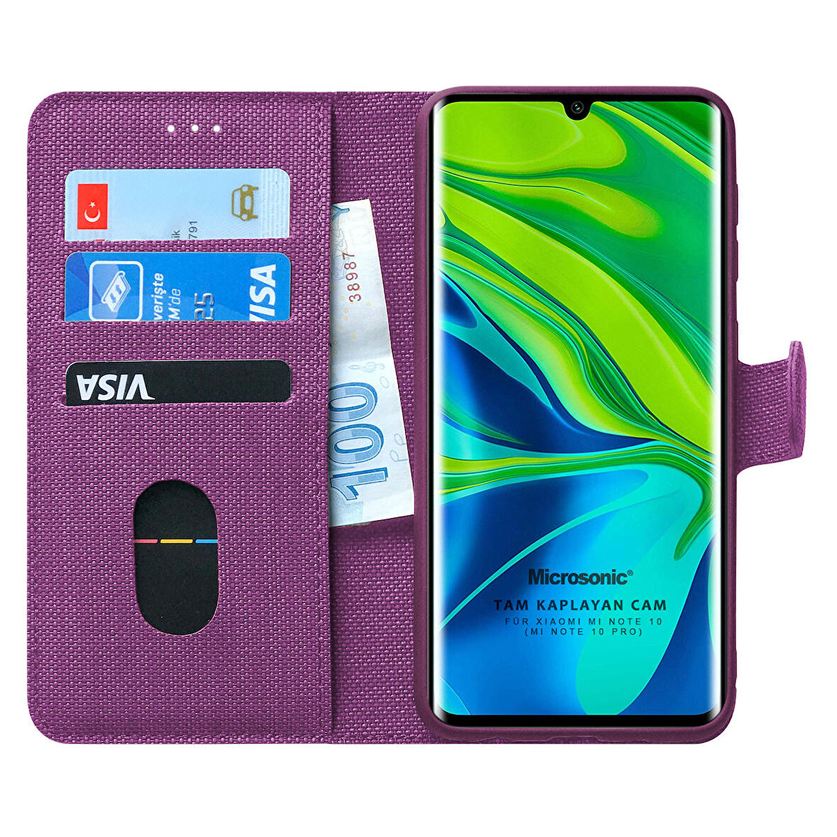 Microsonic Xiaomi Mi Note 10 Kılıf Fabric Book Wallet Mor