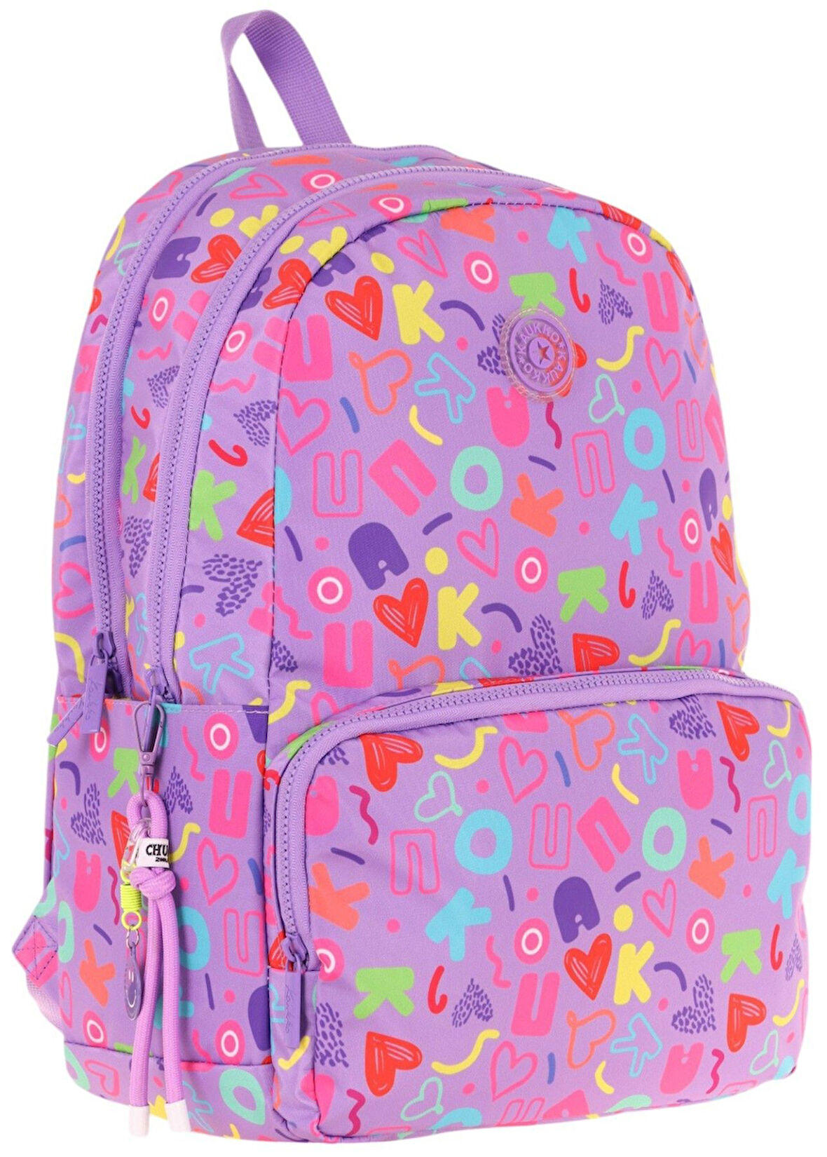 Kaukko Kız Çocuk Kalp ve Kaukko Baskılı Mor Okul Çantası - Üç Bölmeli - K1784