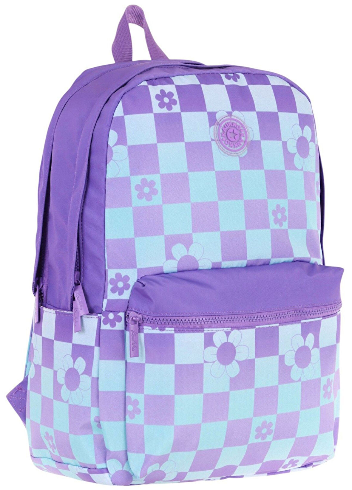 Kaukko Nature Kız Çocuk Üç Bölmeli Mor Mavi Papatya ve Kare Desenli Okul Sırt Çantası - K1785