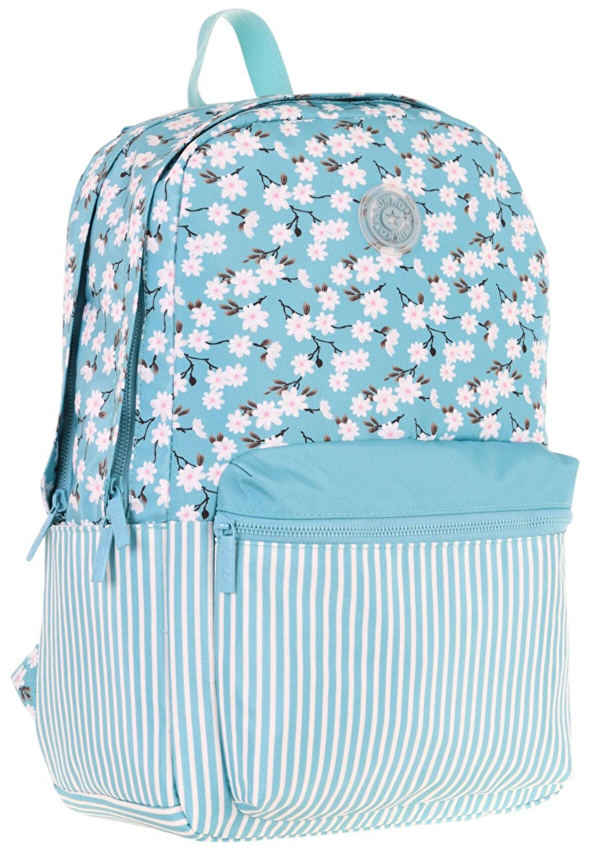 Kaukko Soft Floral Kız Çocuk Üç Bölmeli Turkuaz Çiçek ve Çizgi Desenli Okul Sırt Çantası - K1796