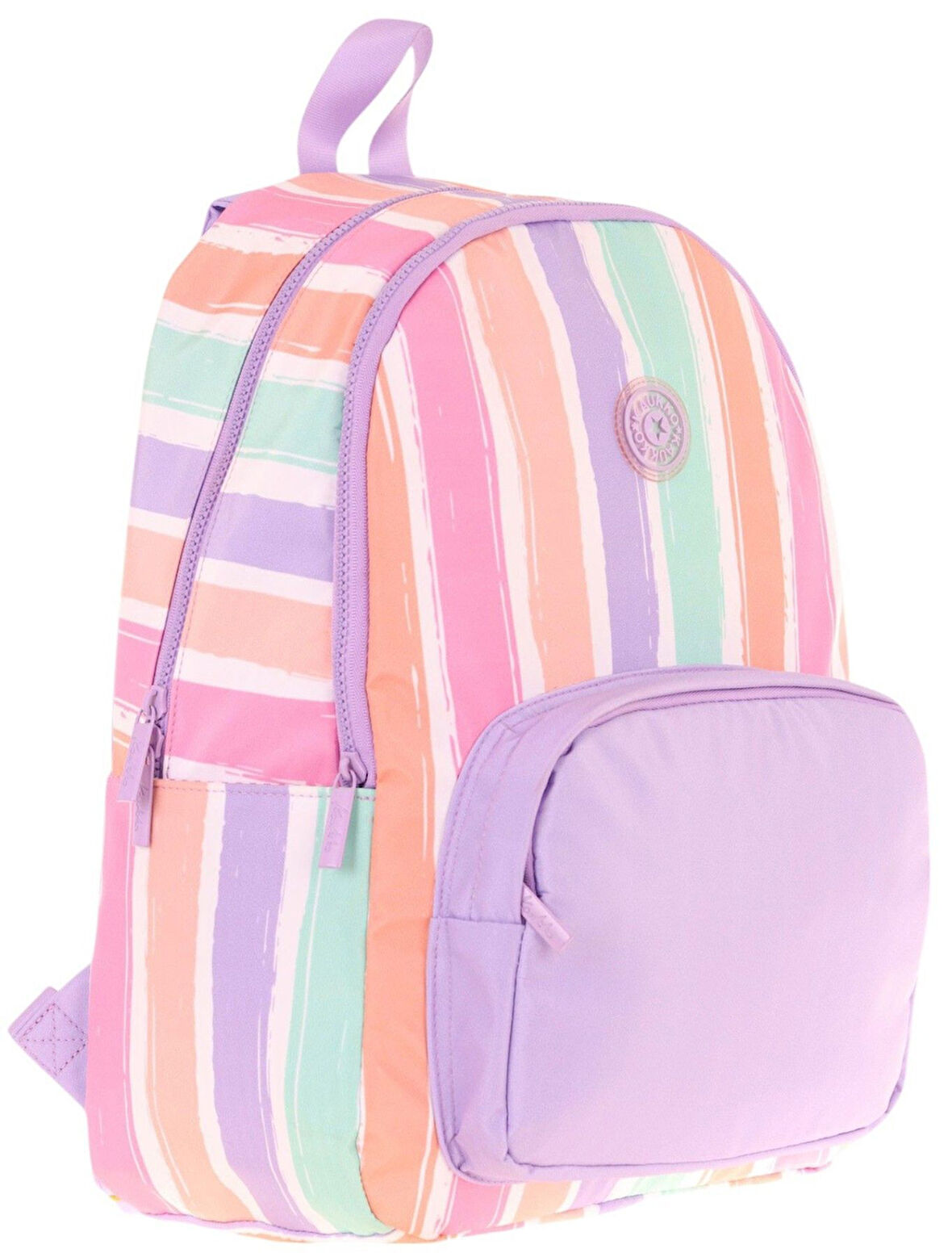Kaukko Rainbow Kız Çocuk Üç Bölmeli İlkokul ve Ortaokul Çantası - Mor Çok Renkli Çizgili - K1801
