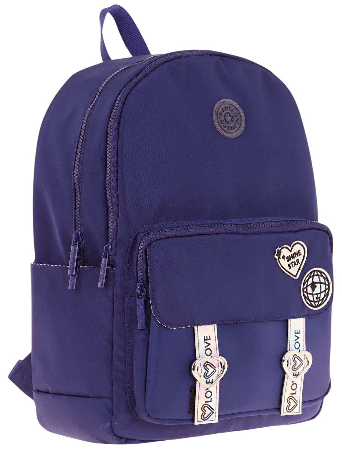 Kaukko Mirror Parlak Love Şeritli Kalp Aksesuarlı Okul ve Günlük Sırt Çantası - Kız Çocuk/Kadın - Lacivert - K1843