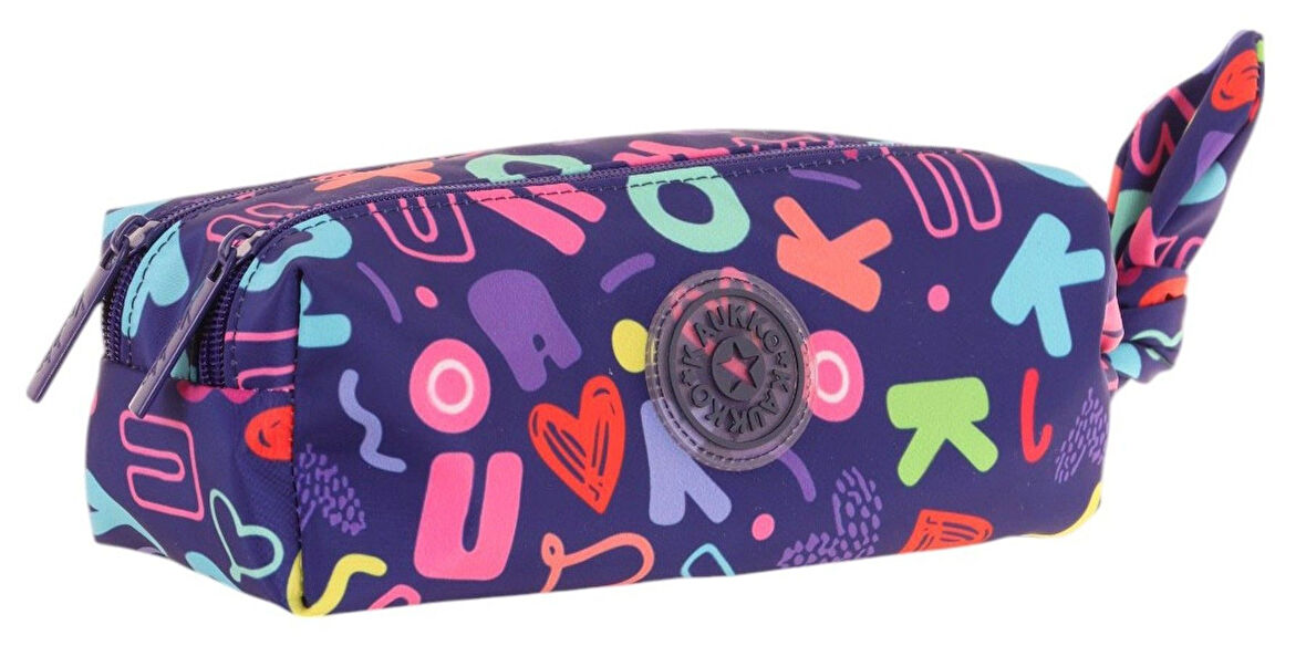 Kaukko Kız Çocuk İki Bölmeli Lacivert Kaukko Kalp Baskılı Kalem Çantası/Kalemlik - K2693