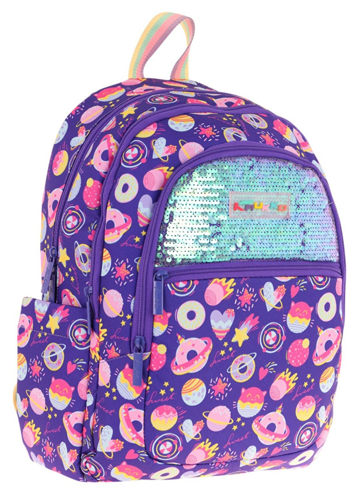 Kaukko Kids Kız Çocuk (Mor - Pullu Şekerleme Desenli) Dört Gözlü Okul Sırt Çantası - L5216