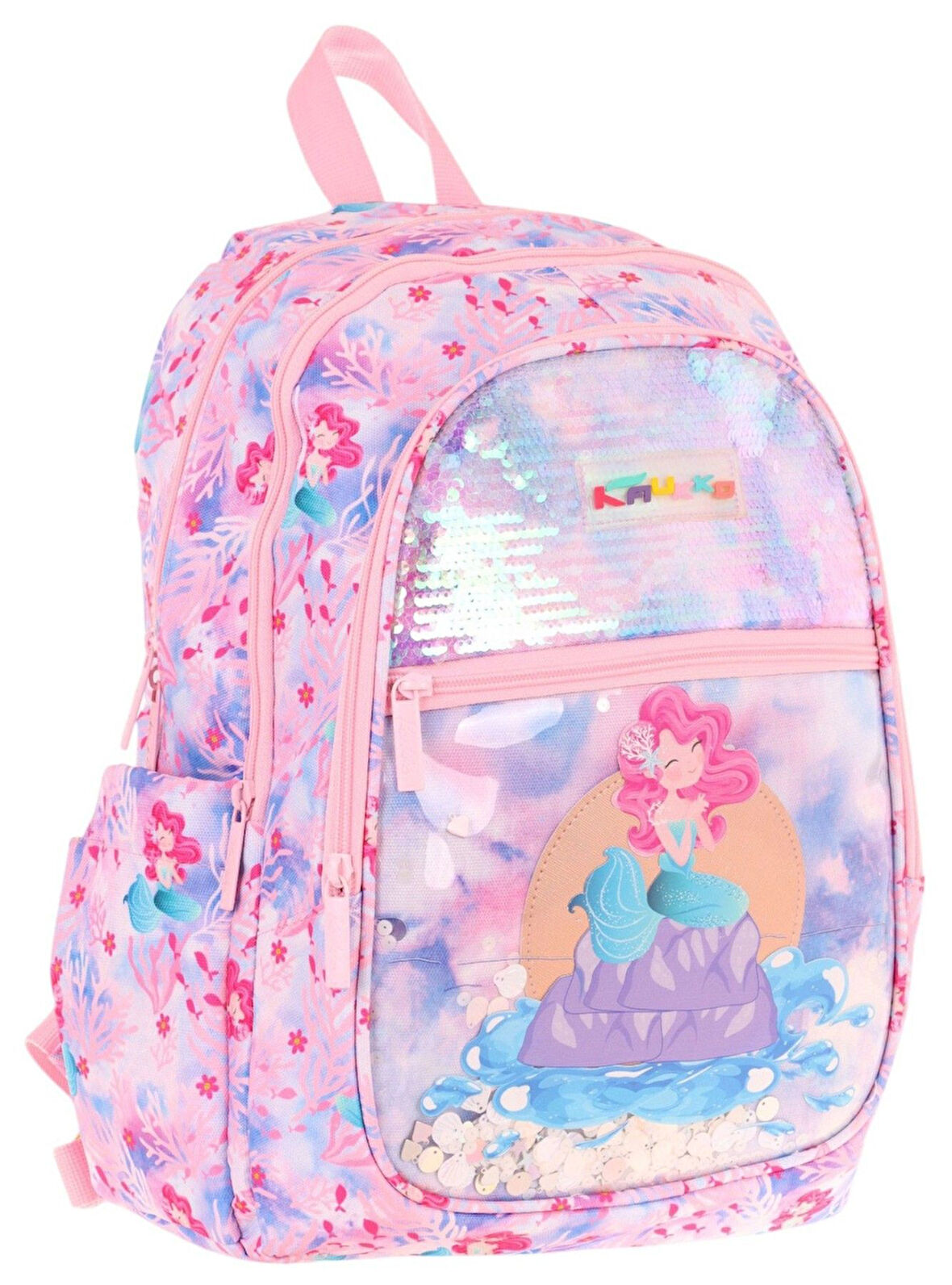 Kaukko Kids Kız Çocuk (Pembe Mavi - Pullu Denizkızı Desenli) Dört Gözlü Okul Sırt Çantası - L5217