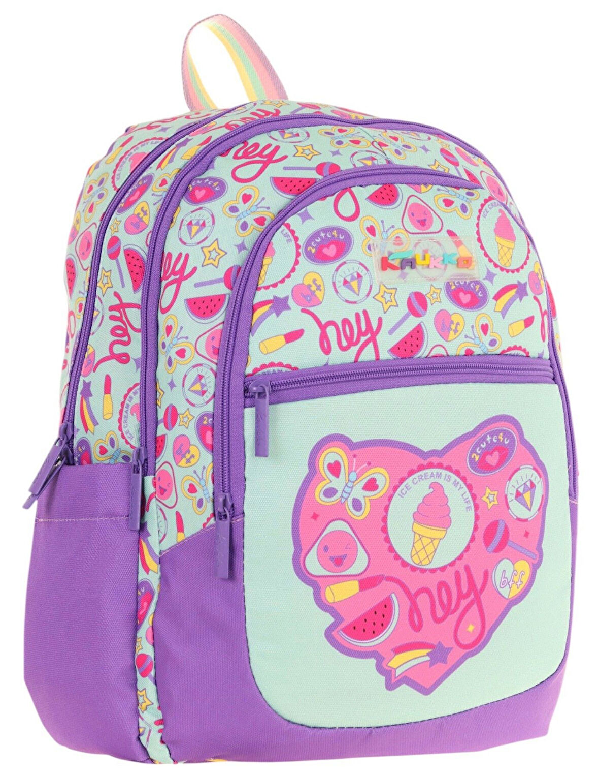 Kaukko Üç Bölmeli Kız Çocuk İlkokul Sırt Çantası (L5230) - Mor Yeşil - Karpuz ve Dondurma Desenli