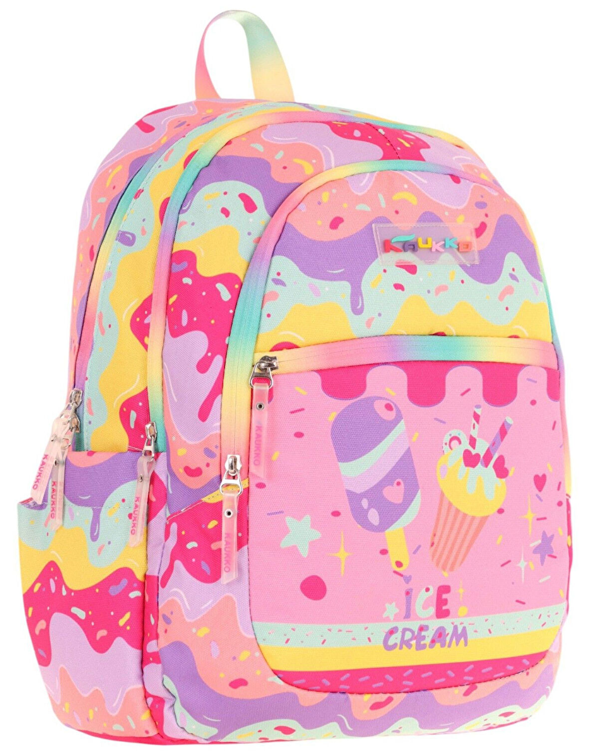 Kaukko Üç Bölmeli Kız Çocuk İlkokul Sırt Çantası (L5232) - Pembe Sarı - Dondurma Baskılı