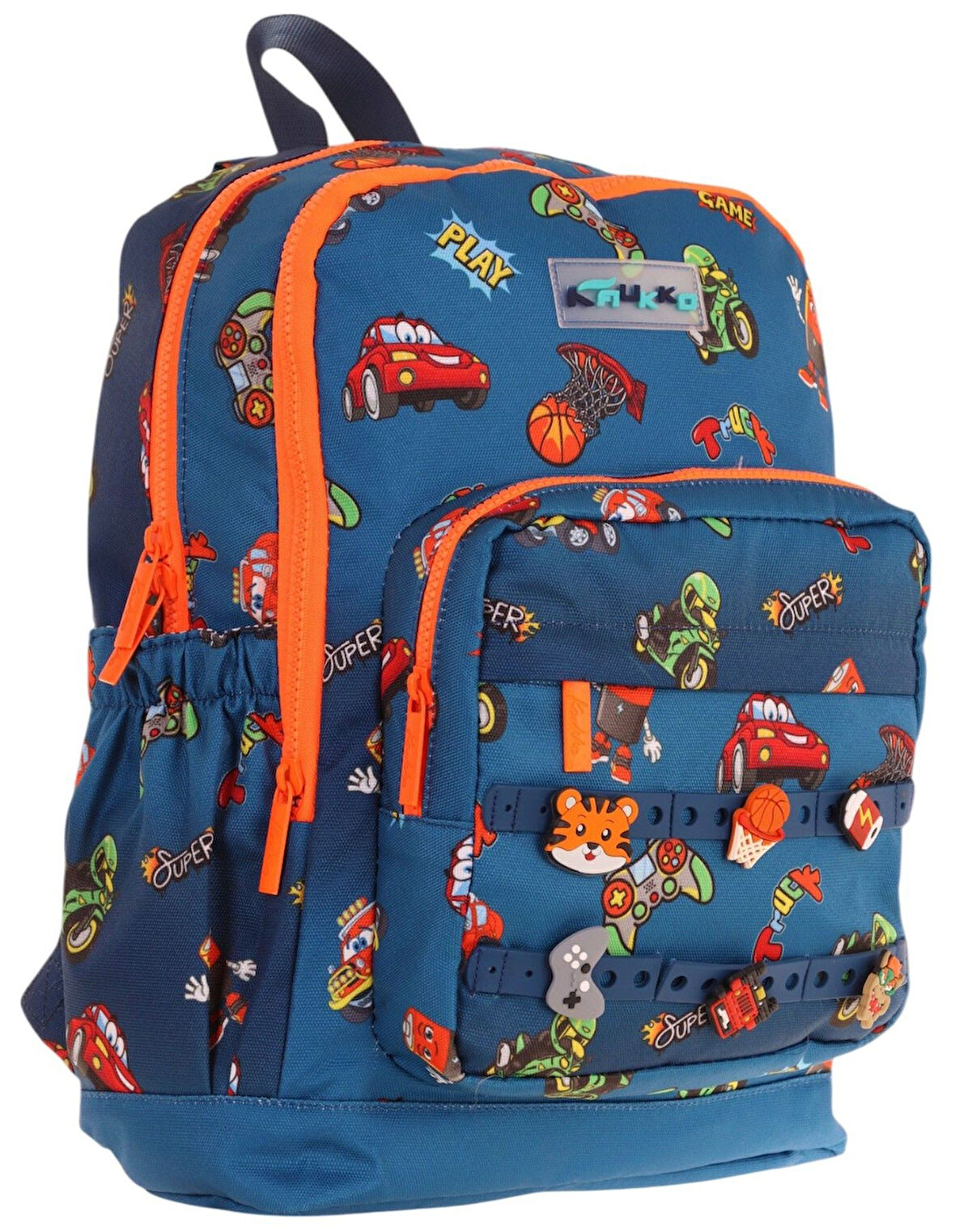 Kaukko Kids Dört Bölmeli Erkek Çocuk Silikon Aksesuarlı Lacivert Turuncu İlkokul Çantası