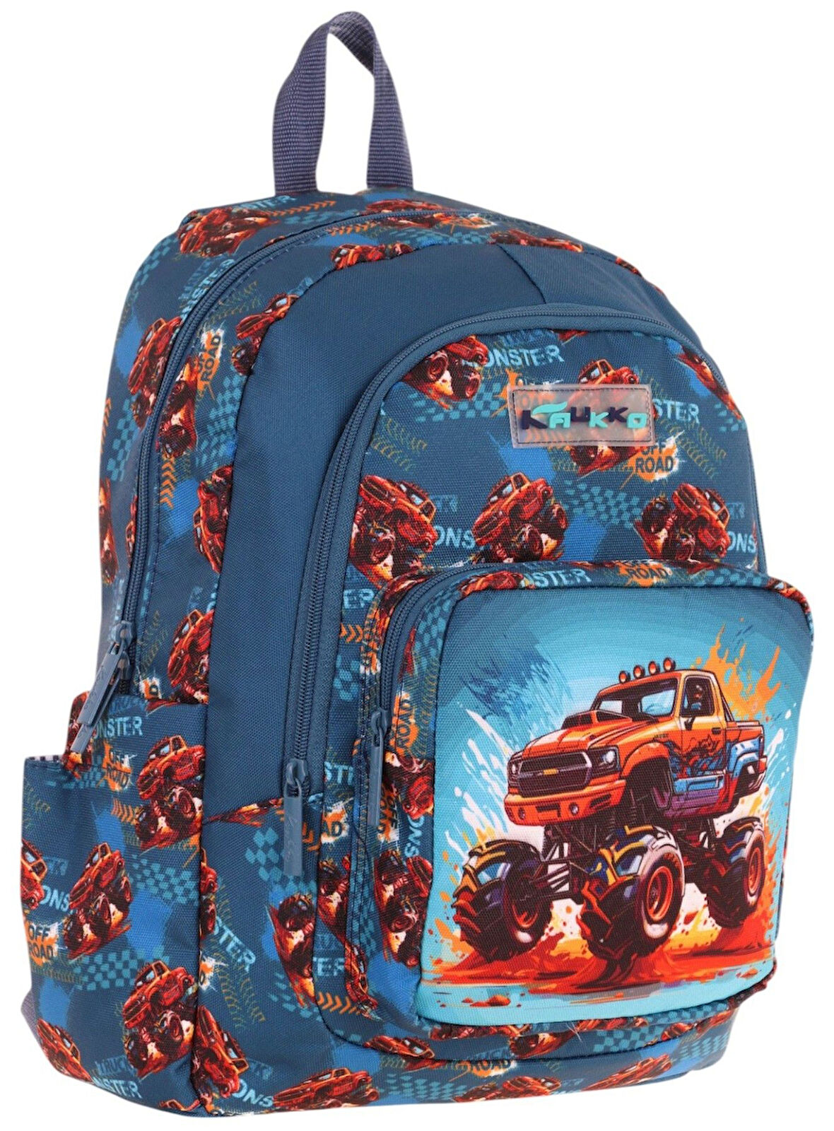 Kaukko Kids Üç Bölmeli (Yeşil Kırmızı - Arazi Aracı Baskılı) Erkek Çocuk Okul ve Günlük Sırt Çantası - L5282