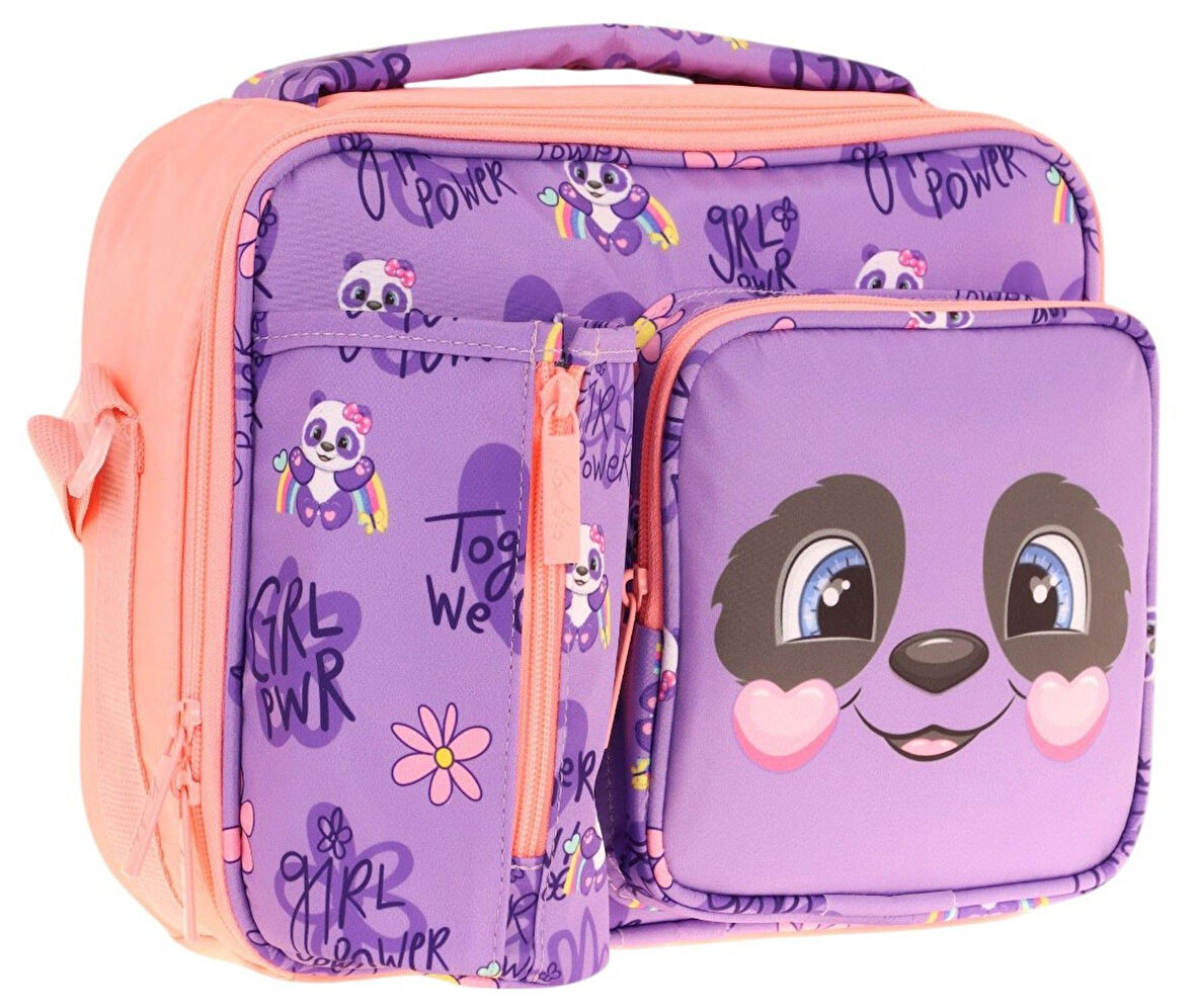 Kaukko Kız Çocuk, Mor SOmon, Panda Desenli Isı Yalıtımlı Üç Bölmeli (Matara Cepli) Okul Beslenme Çantası L7233