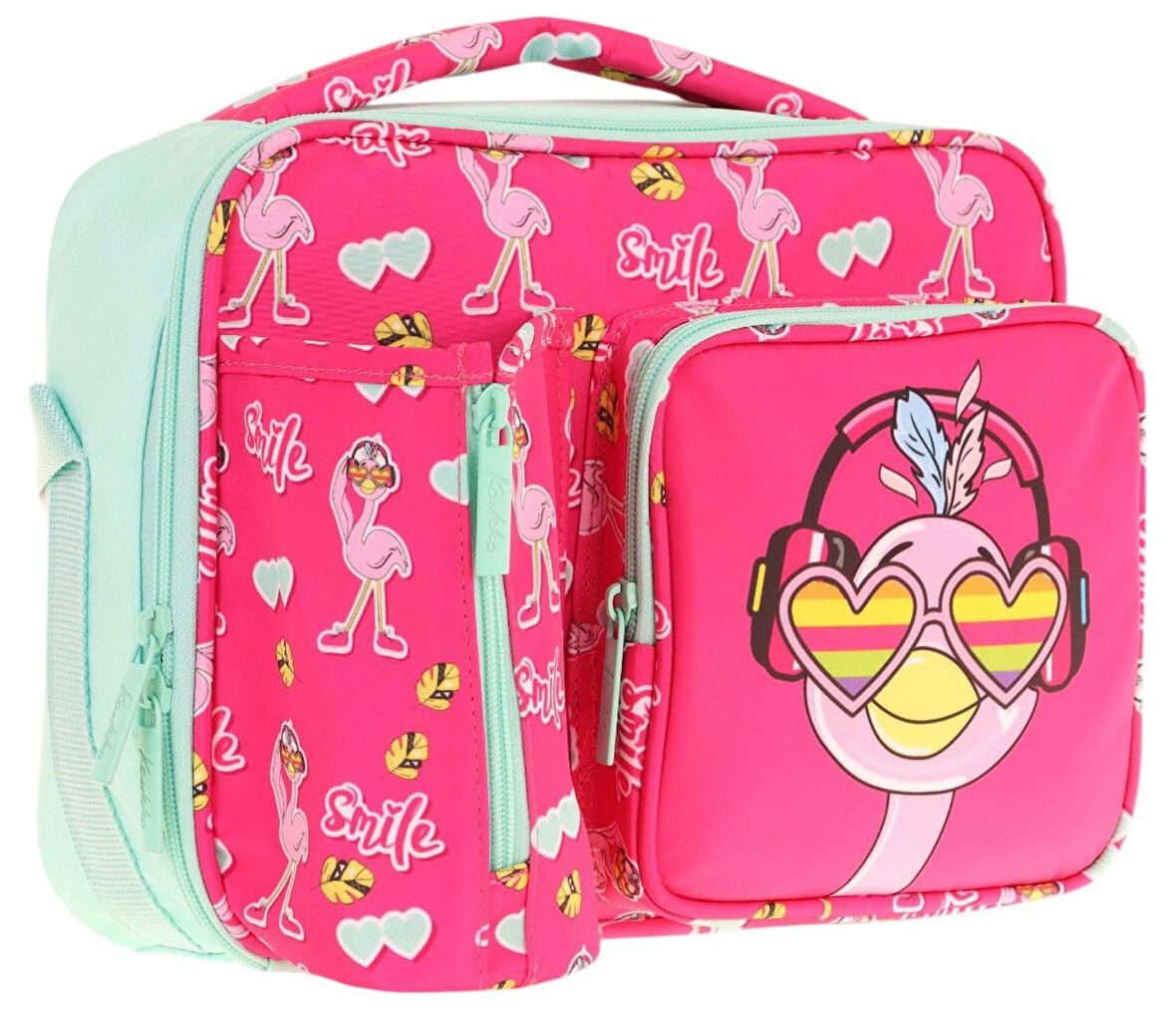 Kaukko Kız Çocuk, Kırmızı Yeşil, Flamingo Desenli Isı Yalıtımlı Üç Bölmeli (Matara Cepli) Okul Beslenme Çantası L7235