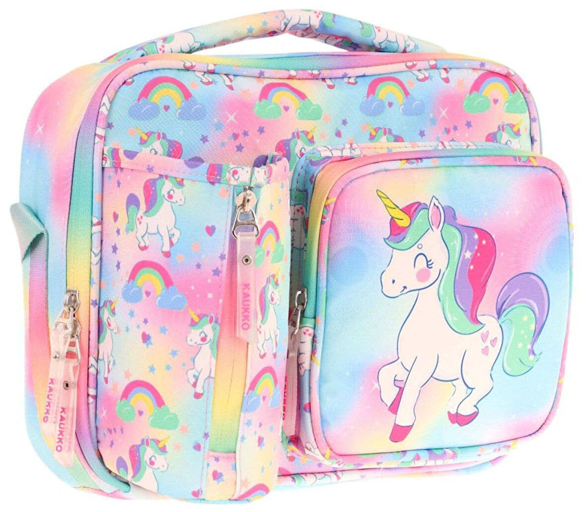 Kaukko Kız Çocuk, Çok Renkli, Unicorn Baskılı Isı Yalıtımlı Üç Bölmeli (Matara Cepli) Okul Beslenme Çantası L7243