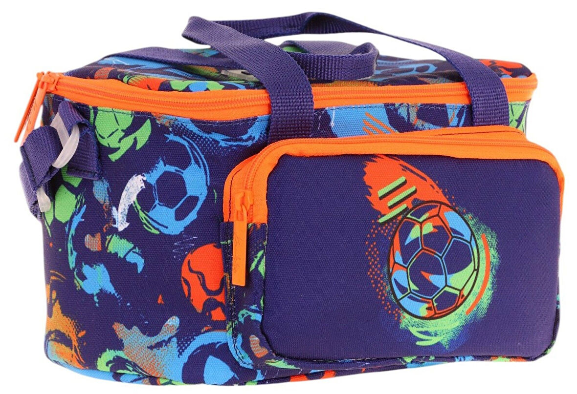 Kaukko Kids Thermo Isı Yalıtımlı Erkek Çocuk Futbol Topu Baskılı Lacivert Turuncu Beslenme Çantası L7269 (İki Bölmeli)