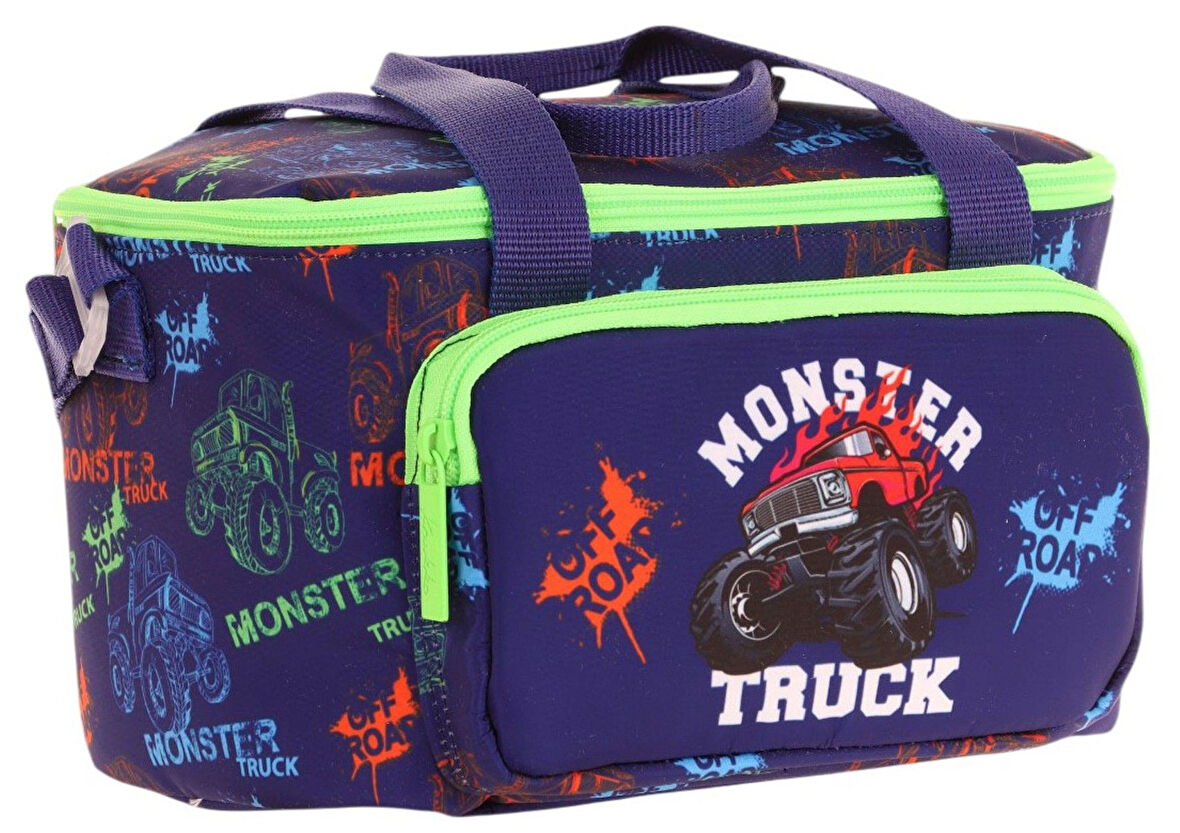 Kaukko Kids Thermo Isı Yalıtımlı Erkek Çocuk Monster Truck Yeşil Lacivert Beslenme Çantası L7279 (İki Bölmeli)
