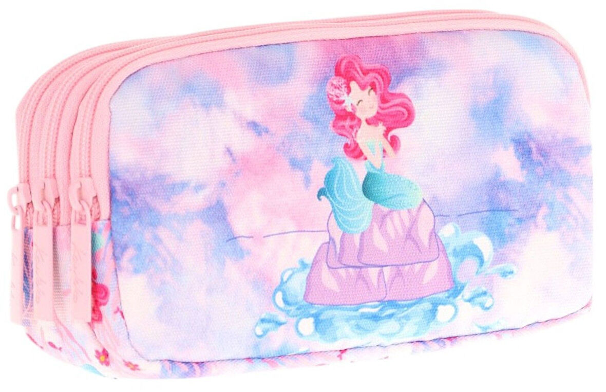 Kaukko Kids Üç Bölmeli Pembe Mavi, Denizkızı Temalı, Kız Çocuk Okul Kalem Çantası - L8217