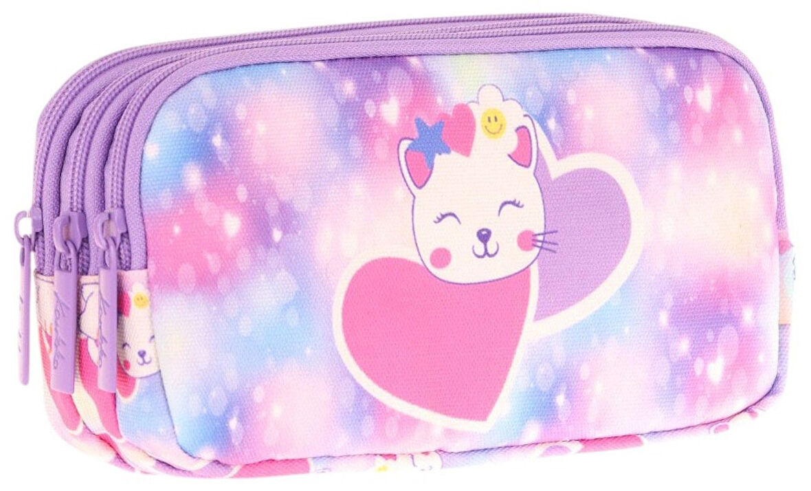 Kaukko Kids Üç Bölmeli Mor Pembe, Sevimli Kedi Baskılı, Kız Çocuk Okul Kalemliği - L8219