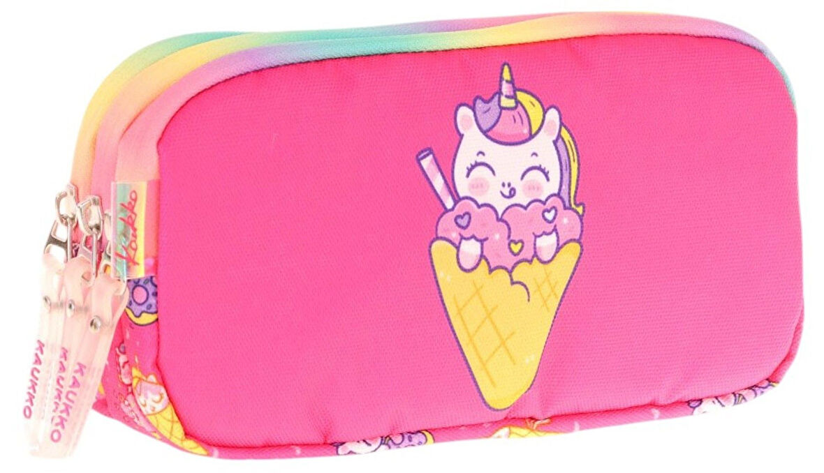 Kaukko Kids Üç Bölmeli Fuşya, Dondurma ve Unicorn, Kız Çocuk Okul Kalemliği - L8227