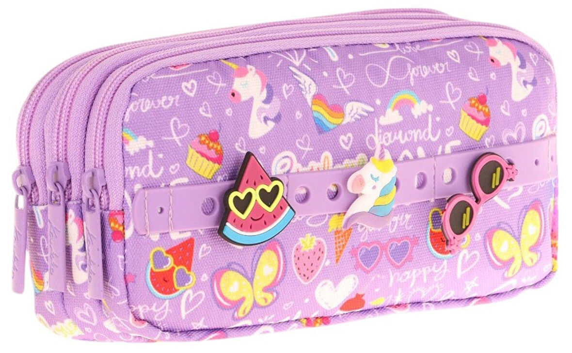 Kaukko Kids Mor, Yaz Temalı, Kız Çocuk Üç Gözlü Okul Kalem Çantası - L8245