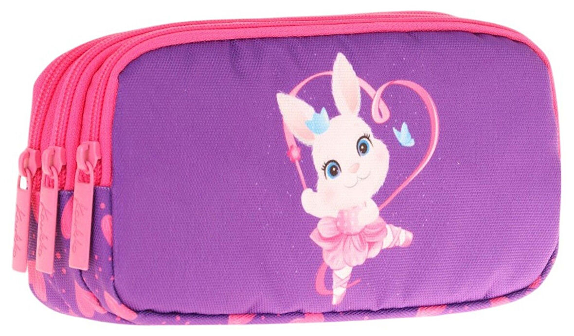 Kaukko Kids Fuşya Mor, Kalpli Tavşan, Kız Çocuk Üç Gözlü Okul Kalem Çantası - L8246
