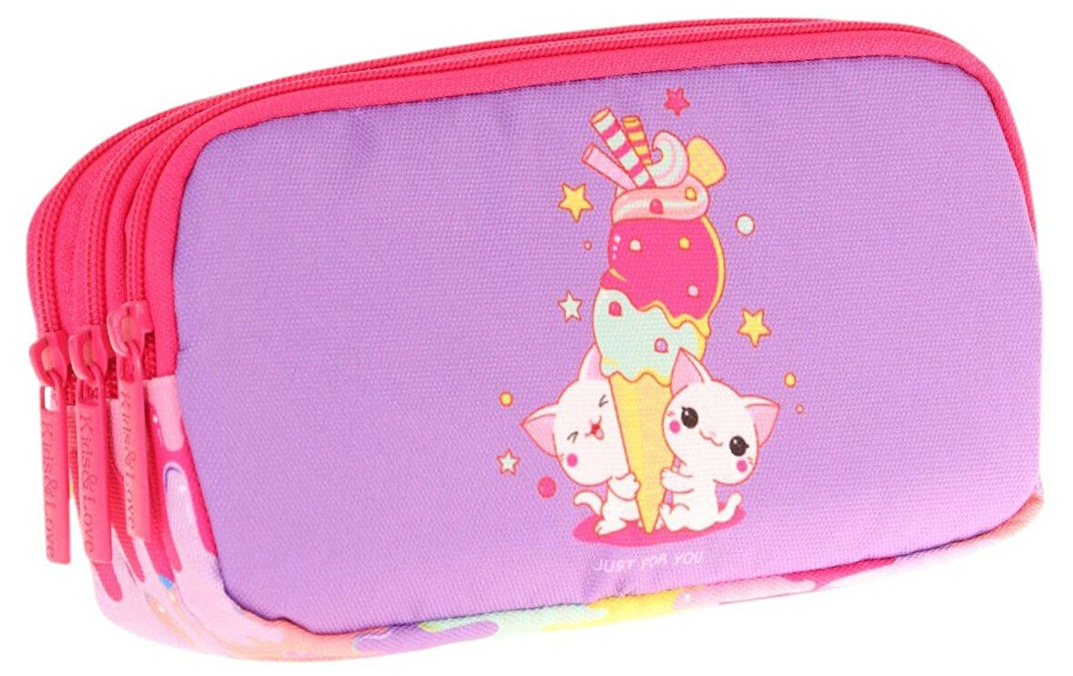 Kaukko Kids Kırmızı Mor, Dondurma Temalı, Kız Çocuk Üç Gözlü Okul Kalem Çantası - L8247